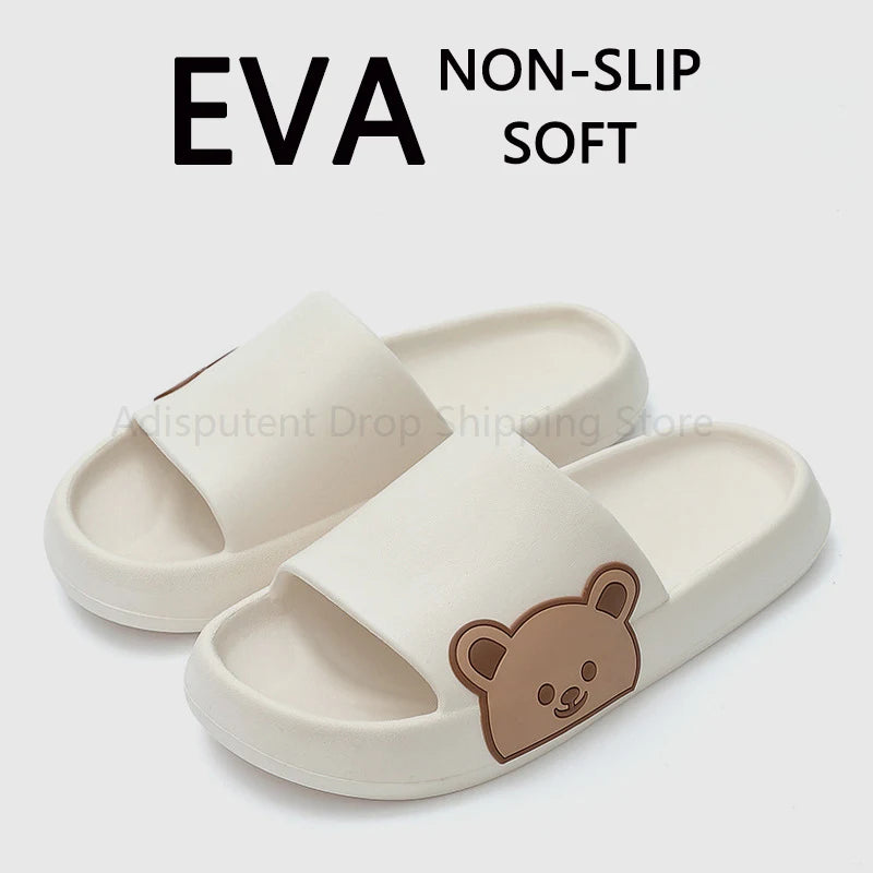 Summer Slippers Couple Cute Bear Cartoon Print Soft Sole Indoor Sandals Men Non-Slip Outdoor Beach Shoes Women Bathroom Footwear