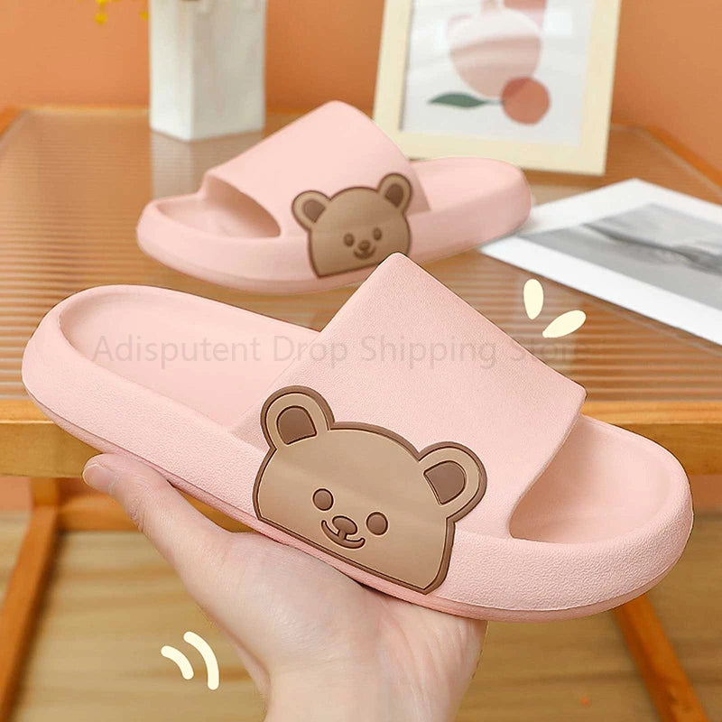 Summer Slippers Couple Cute Bear Cartoon Print Soft Sole Indoor Sandals Men Non-Slip Outdoor Beach Shoes Women Bathroom Footwear