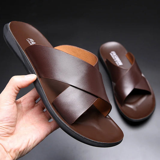 Slippers for Men Cross-strap Slippers Flat Leather Beach Shoes Ltalian Style Mens Slipper Quality Bathroom Men's Slide Sandals