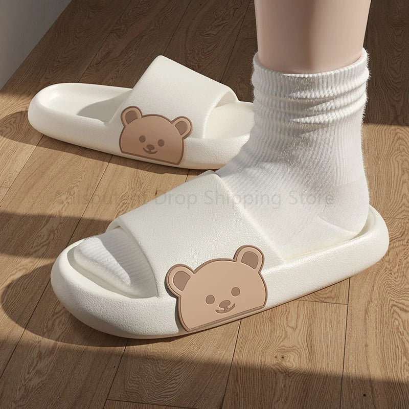 Summer Slippers Couple Cute Bear Cartoon Print Soft Sole Indoor Sandals Men Non-Slip Outdoor Beach Shoes Women Bathroom Footwear