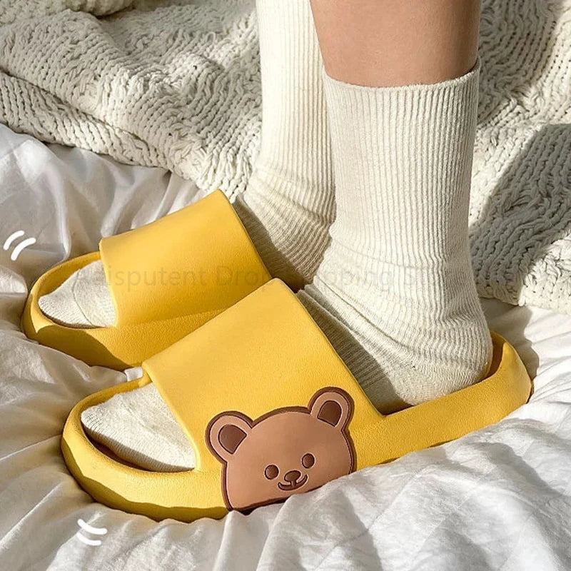 Summer Slippers Couple Cute Bear Cartoon Print Soft Sole Indoor Sandals Men Non-Slip Outdoor Beach Shoes Women Bathroom Footwear