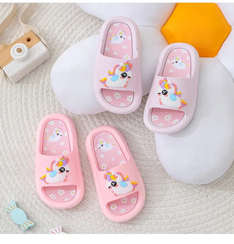 Summer Kids Home Shoes Flip Flops Baby Girls Slippers for Children Cartoon Unicorn Bathroom Antislip Thick Sole Slides