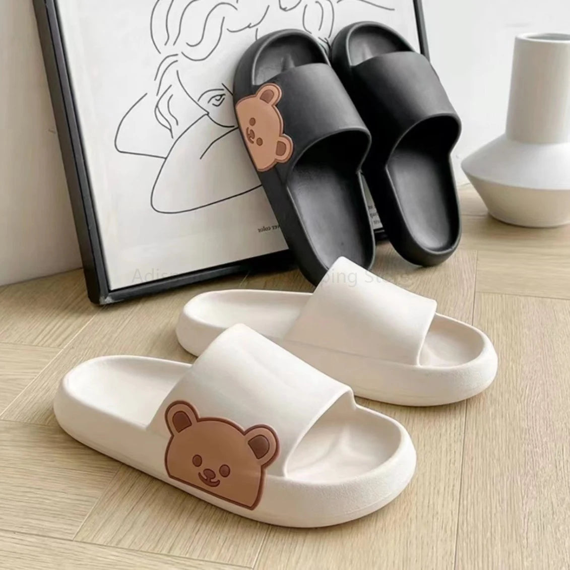 Summer Slippers Couple Cute Bear Cartoon Print Soft Sole Indoor Sandals Men Non-Slip Outdoor Beach Shoes Women Bathroom Footwear