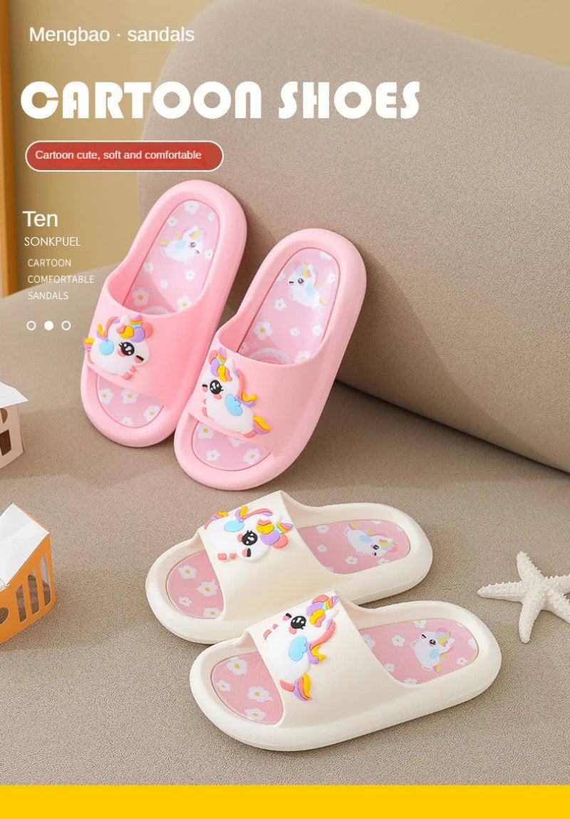 Summer Kids Home Shoes Flip Flops Baby Girls Slippers for Children Cartoon Unicorn Bathroom Antislip Thick Sole Slides