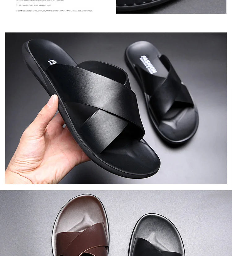 Slippers for Men Cross-strap Slippers Flat Leather Beach Shoes Ltalian Style Mens Slipper Quality Bathroom Men's Slide Sandals