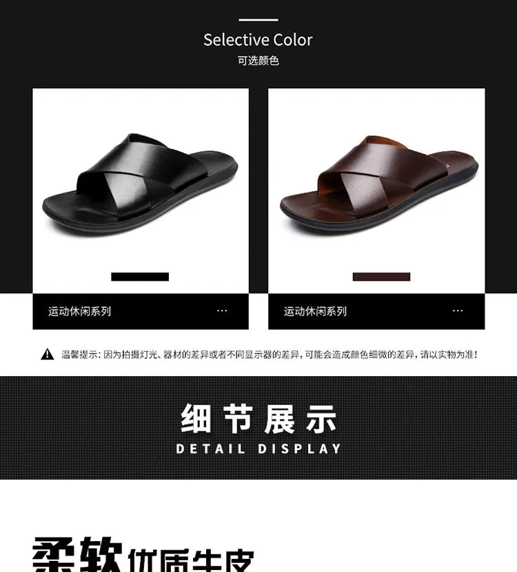 Slippers for Men Cross-strap Slippers Flat Leather Beach Shoes Ltalian Style Mens Slipper Quality Bathroom Men's Slide Sandals