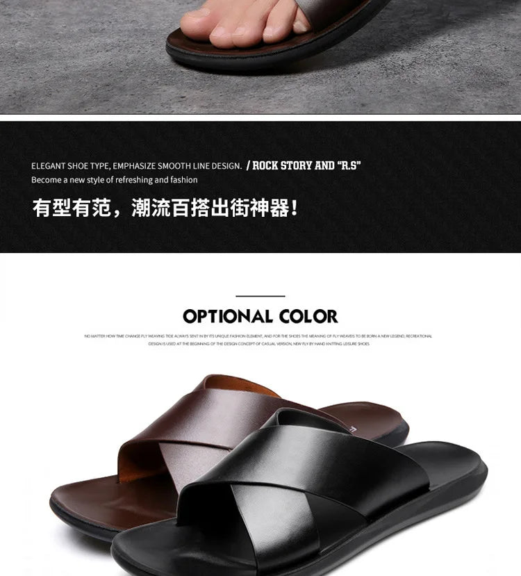 Slippers for Men Cross-strap Slippers Flat Leather Beach Shoes Ltalian Style Mens Slipper Quality Bathroom Men's Slide Sandals