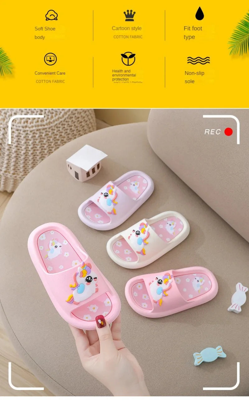 Summer Kids Home Shoes Flip Flops Baby Girls Slippers for Children Cartoon Unicorn Bathroom Antislip Thick Sole Slides