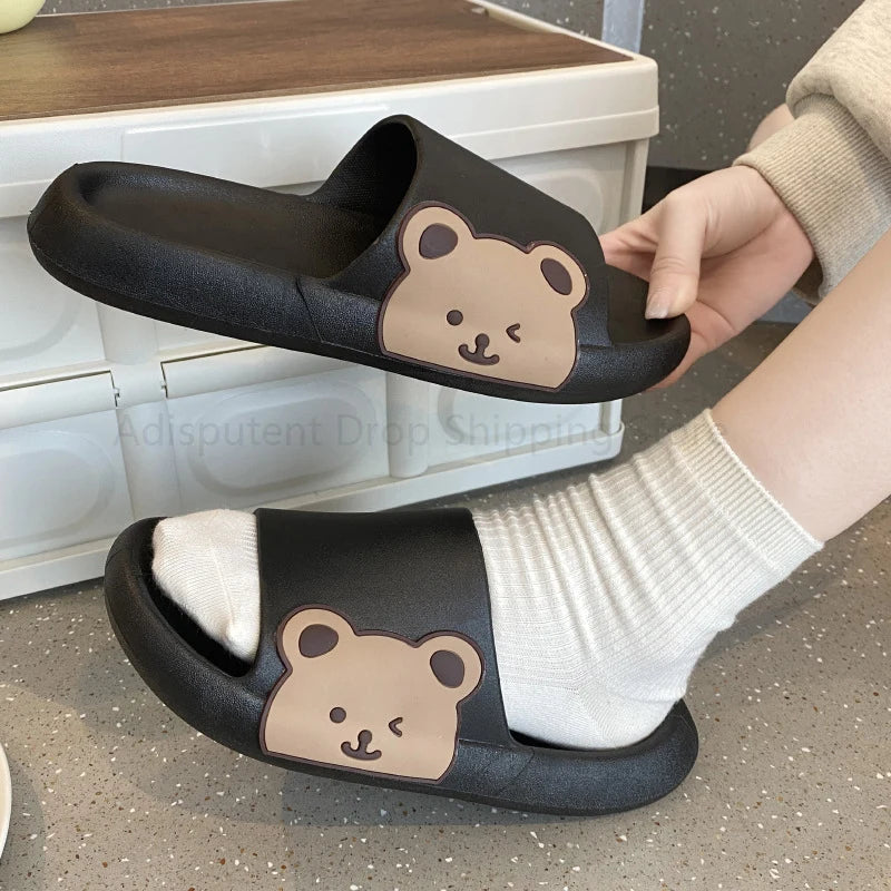 Summer Slippers Couple Cute Bear Cartoon Print Soft Sole Indoor Sandals Men Non-Slip Outdoor Beach Shoes Women Bathroom Footwear