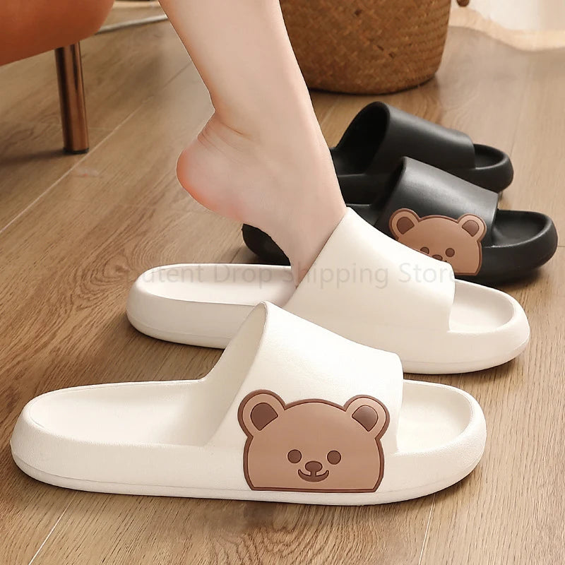 Summer Slippers Couple Cute Bear Cartoon Print Soft Sole Indoor Sandals Men Non-Slip Outdoor Beach Shoes Women Bathroom Footwear