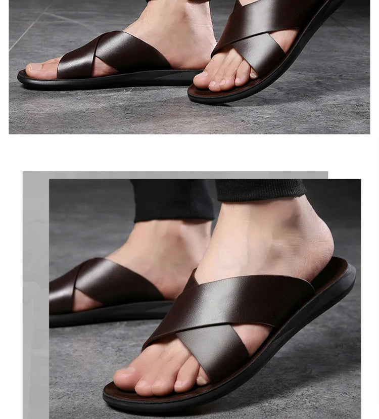 Slippers for Men Cross-strap Slippers Flat Leather Beach Shoes Ltalian Style Mens Slipper Quality Bathroom Men's Slide Sandals