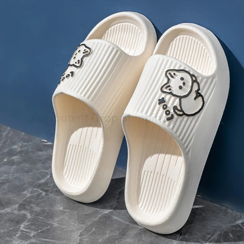 Summer Slippers Couple Cute Bear Cartoon Print Soft Sole Indoor Sandals Men Non-Slip Outdoor Beach Shoes Women Bathroom Footwear