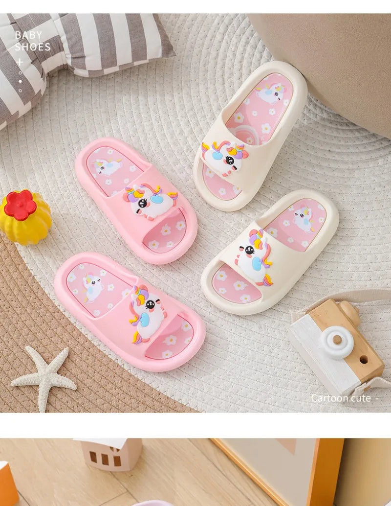 Summer Kids Home Shoes Flip Flops Baby Girls Slippers for Children Cartoon Unicorn Bathroom Antislip Thick Sole Slides