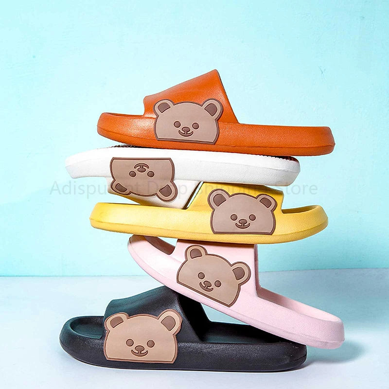 Summer Slippers Couple Cute Bear Cartoon Print Soft Sole Indoor Sandals Men Non-Slip Outdoor Beach Shoes Women Bathroom Footwear