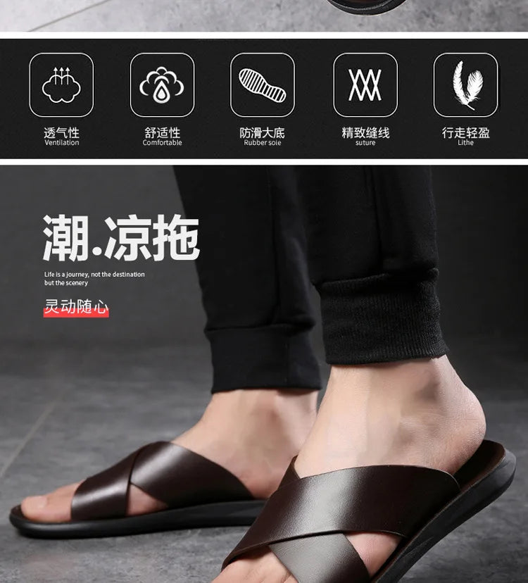 Slippers for Men Cross-strap Slippers Flat Leather Beach Shoes Ltalian Style Mens Slipper Quality Bathroom Men's Slide Sandals