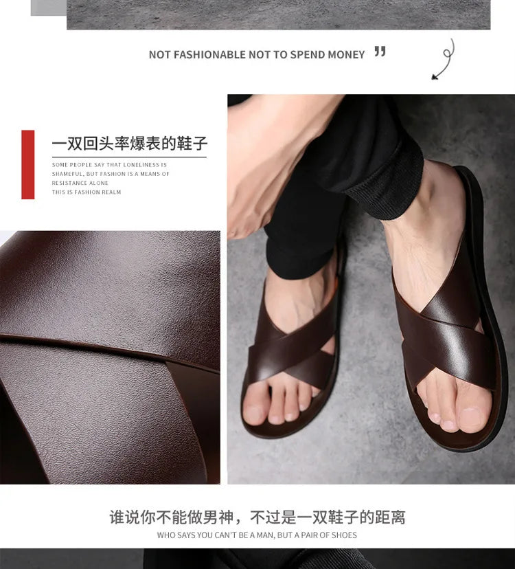 Slippers for Men Cross-strap Slippers Flat Leather Beach Shoes Ltalian Style Mens Slipper Quality Bathroom Men's Slide Sandals