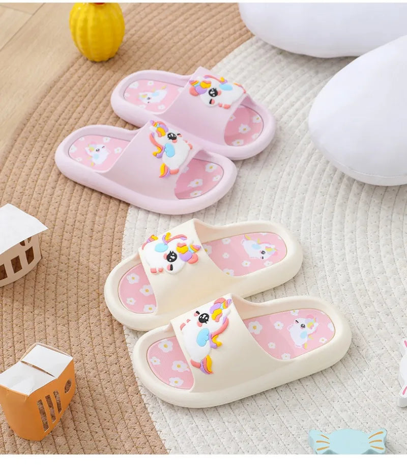 Summer Kids Home Shoes Flip Flops Baby Girls Slippers for Children Cartoon Unicorn Bathroom Antislip Thick Sole Slides