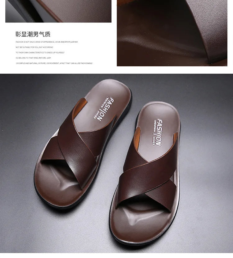 Slippers for Men Cross-strap Slippers Flat Leather Beach Shoes Ltalian Style Mens Slipper Quality Bathroom Men's Slide Sandals