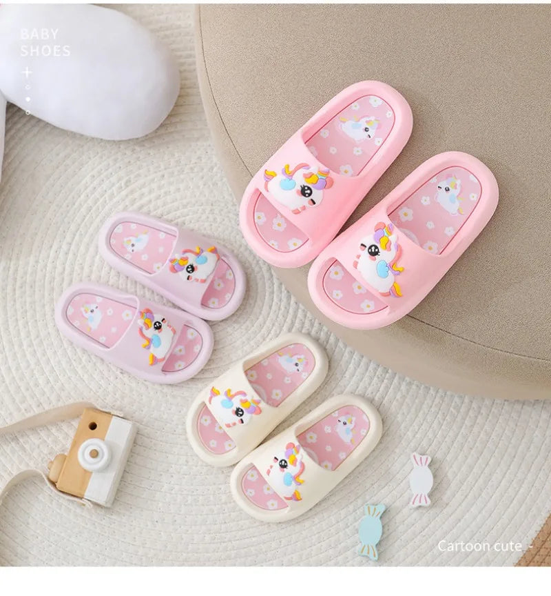 Summer Kids Home Shoes Flip Flops Baby Girls Slippers for Children Cartoon Unicorn Bathroom Antislip Thick Sole Slides