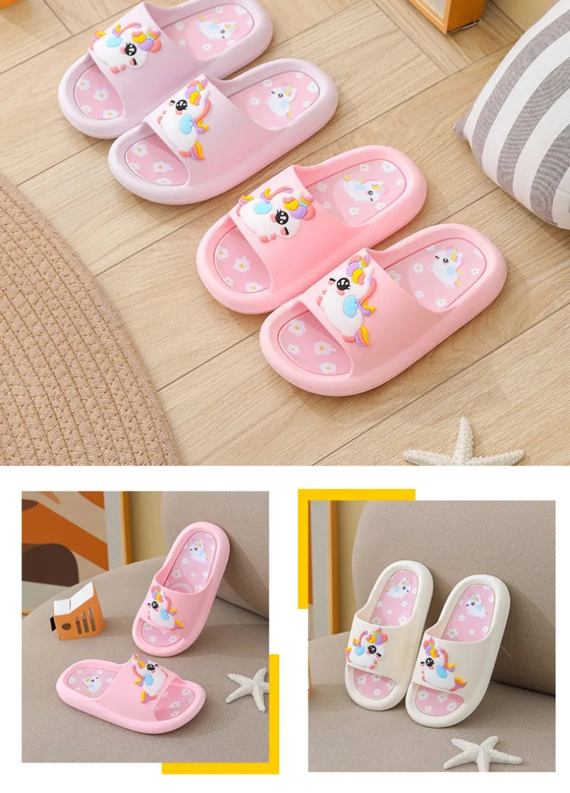 Summer Kids Home Shoes Flip Flops Baby Girls Slippers for Children Cartoon Unicorn Bathroom Antislip Thick Sole Slides