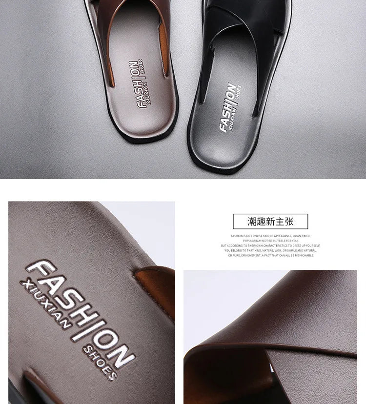 Slippers for Men Cross-strap Slippers Flat Leather Beach Shoes Ltalian Style Mens Slipper Quality Bathroom Men's Slide Sandals